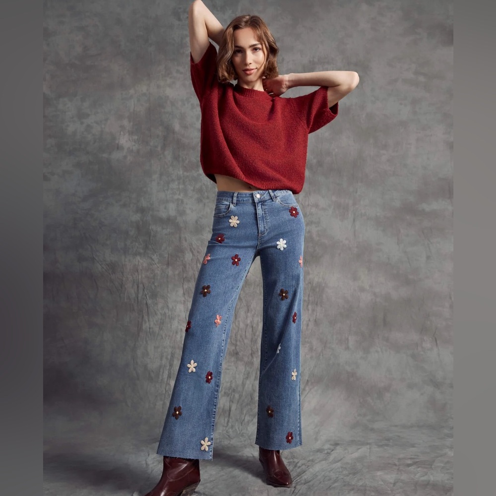 Floral Embroidered Wide Leg Jeans